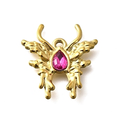 Фуксиновый 304 подвески из нержавеющей стали, со стразами, реальный 18 k позолоченный, ионное покрытие (ip), бабочка, красно-фиолетовые, 24x23x4 мм, отверстие : 2 мм