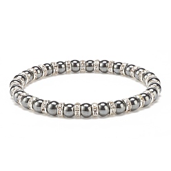 Silver Synthetic Hematite Stretch Bracelet Rhinestone Beaded, Gemstone Jewelry for Men Women, Silver, Beads: 6mm, Inner Diameter: 2-1/4 inch(5.8cm)