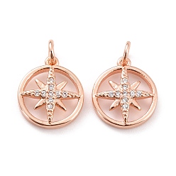 Розовое Золото Латунные микро проложить кубического циркония подвески, с прыжковых колец, долговечный, без кадмия и без свинца, плоские круглые с солнцем, розовое золото , 12x10x2.5 мм, отверстие : 2.6 мм