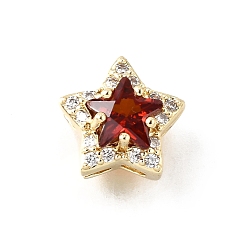 Темно-Красный Латунные микро проложить кубического циркония бусы, звезда, с кристаллическим цирконием, реальный 18 k позолоченный, камень рожденных в январе, темно-красный, 10x10x7.5 мм, отверстие : 2x2 мм