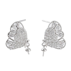 Real Platinum Plated 925 Sterling Silver with Cubic Zirconia Stud Earrings Findings, Butterfly, Real Platinum Plated, 14x11mm, Pin: 0.6mm
