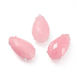 Pink Природного нефрита подвески, с настройками латунь когтями, граненые, слеза, окрашенные, серебряный цвет гальваническим, розовые, 31x16x8 мм, отверстие : 1.2 мм