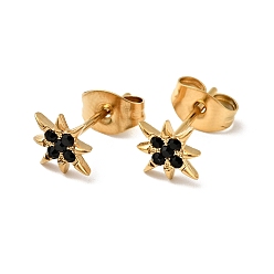 Jet Rhinestone Flower Stud Earrings with 316 Surgical Stainless Steel Pins, Gold Plated 304 Stainless Steel Jewelry for Women, Jet, 8x8mm, Pin: 0.8mm