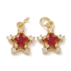 Красный Латунные микро проложить кубического циркония подвески, звезды прелести, без свинца и без кадмия, стойки покрытие, долговечный, реальный 18 k позолоченный, красные, 10x9x4 мм, Перейти кольцо: 4x0.8 мм, внутренний диаметр: 2.5 мм