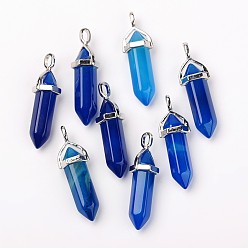 Natural Agate Natural Agate Double Terminated Pointed Pendants, with Random Alloy Pendant Hexagon Bead Cap Bails, Bullet, Platinum, 37~40x12mm, Hole: 3mm