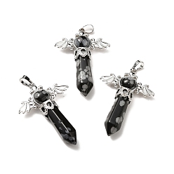 Snowflake Obsidian Natural Snowflake Obsidian Pendants, Angel Charms, with Rack Plating Platinum Tone Brass Findings, Cadmium Free & Lead Free, 52~53x37x11mm, Hole: 8x5mm