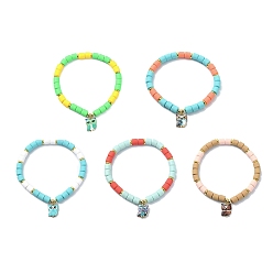 Mixed Color Polymer Clay Column Beaded Stretch Bracelets, with Alloy Owl Charms, Mixed Color, Inner Diameter: 2-1/4 inch(5.7cm)