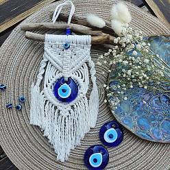 White Cotton and Linen Cord Macrame Woven Tassel Wall Hanging, Glass Evil Eye Hanging Ornament with Wood Sticks, for Home Decoration, White, 300x120mm