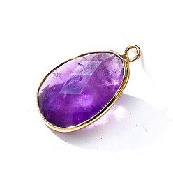 Amethyst Natural Amethyst Pendants, Faceted Teardrop Charms, Golden, 23x18mm