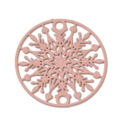 Pink 430 Stainless Steel Connector Charms, Etched Metal Embellishments, Flat Round with Snowflake Links, Pink, 20x0.5mm, Hole: 1.6mm