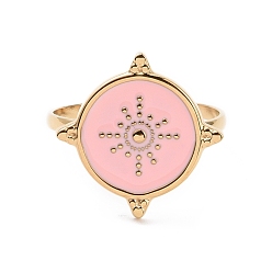 Pearl Pink Enamel Flat Round with Sun Signet Cuff Ring, Real 24K Gold Plated 304 Stainless Steel Jewelry for Women, Pearl Pink, US Size 7 3/4(17.9mm)