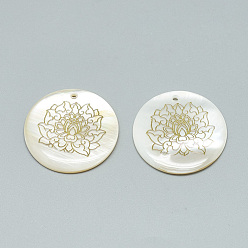 Golden FFreshwater Shell Pendants, Covered with Iron Findings, Flat Round with Lotus, Golden, 30~31x2~3mm, Hole: 1.8mm