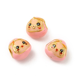 Pink Alloy European Beads, with Enamel, Large Hole Beads, Golden, Zongzi Baby, Pink, 11.5x12x10mm, Hole: 4mm