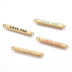 Mixed Color Brass Links Connectors, with  Enamel, Rectangle with Word  LOVE YOU, for Valentine's Day, Real 18K Gold Plated, Mixed Color, 4x30.5x1.5mm, Hole: 1.2mm