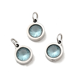 Cadet Blue 304 Stainless Steel Pendants, with Cubic Zirconia and Jump Rings, Single Stone Charms, Flat Round, Stainless Steel Color, Cadet Blue, 9.5x7.5x3mm, Hole: 3.6mm