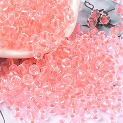 Light Coral 6/0 Luminous Glass Seed Beads, Glow in the Dark Round Beads, Inside Colours Round, Light Coral, 4x3mm, Hole: 1.2mm, about 6925pcs/pound