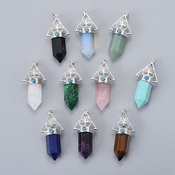 Mixed Stone Natural & Synthetic Mixed Gemstone Pointed Big Pendants, with Platinum Tone Brass Findings, Faceted, Bullet & Triangle & Tree of Life, 61x28.5x20mm, Hole: 8x5mm