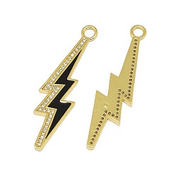 Golden Alloy Micro Pave Cubic Zirconia Pendants, with Enamel, Long-Lasting Plated, Lightning Bolt, Black, Golden, 43x11x1.5mm, Hole: 3mm