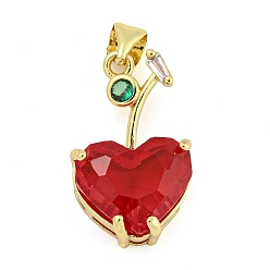 Red Rack Plating Brass Micro Pave Clear Cubic Zirconia Pendants, with Glass, Long-Lasting Plated, Cadmium Free & Lead Free, Real 18K Gold Plated, Cherry Charms, Red, 20.5x12x7mm, Hole: 4x3.5mm