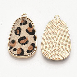 PeachPuff Eco-Friendly Cowhide Leather Pendants, with Golden Plated Alloy Cabochon Settings, teardrop, with Leopard Print Pattern, PeachPuff, 35x21x2~3mm, Hole: 1.8mm