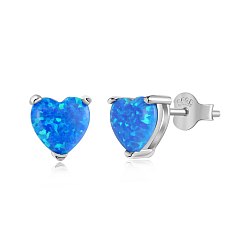 Dodger Blue Rhodium Plated 925 Sterling Silver Opal Stud Earrings for Women, with S925 Stamp, Real Platinum Plated, Heart, Dodger Blue, 6x6.7mm