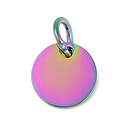 Rainbow Color Ионное покрытие (ip) 304 подвески из нержавеющей стали, с целью перехода в кольце, зеркальная полировка, плоский круглый шарм, штамповка пустой метки, Радуга цветов, 8x1 мм, отверстие : 3.5 мм
