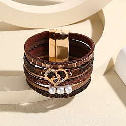Saddle Brown Heart Link Leather Multi-strand Bracelets, Word Bracelet with Magnetic Clasp for Mother's Day, Saddle Brown, 7-7/8 inch(20cm)