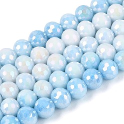Светло-Голубой Антикоррозийные гальванические стеклянные бусины, круглые, имитация драгоценных камней, граненый(96 граненый), Небесно-голубой, 6 мм, отверстие : 1 мм, около 71~72 шт / нитка, 14.96~15.16 дюйм (38~38.5 см)