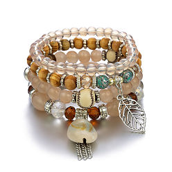 Light coffee B0020-10 Bohemian Beach Shell Tassel Multi-layer Bracelet Set for Women with Wood Beads, Crystals and Coconut Shells