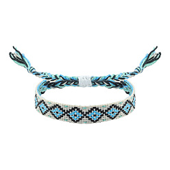 Sky Blue Rhombus Polyester Braided Cord Bracelet, Ethnic Tribal Adjustable Bohemia Bracelet, Sky Blue, 7-1/8 inch(18cm)