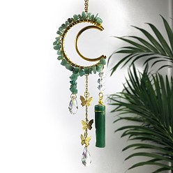 Green Aventurine Natural Green Aventurine Chip Wrapped Metal Moon Hanging Ornaments, Glass Teardrop & Butterfly Tassel Suncatchers for Home Outdoor Decoration, 250mm