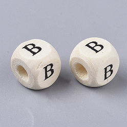 Letter B Printed Natural Wood Beads, Horizontal Hole, Cube with Initial Letter, PapayaWhip, Letter.B, 10x10x10mm, Hole: 3.5mm, about 1000pcs/500g