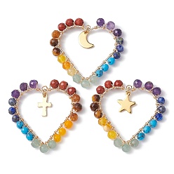 Mixed Shapes Chakra Gemstone Wried Round Bead Pendants, Heart Charms with Golden Plated Stainless Steel Findings, Mixed Shapes, 38~39x36.5~38x4mm, Hole: 2mm