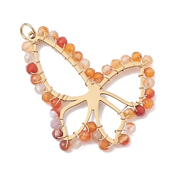 Carnelian Natural Carnelian Faceted Pendants, 201 Stainless Steel Butterfly Charms, Golden, 34x36x3mm, Hole: 3.6mm