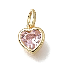 Pink Подвески из латуни с кубическим цирконием ко Дню святого Валентина, сердце прелести, без кадмия и без свинца, стойки покрытие, долговечный, реальный 18 k позолоченный, розовые, 8x6.5x3 мм, отверстие : 3.5 мм