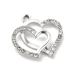 Crystal Alloy Rhinestone Pendants, Platinum Tone Double Heart Charms, Crystal, 19x20x4mm, Hole: 1.8mm