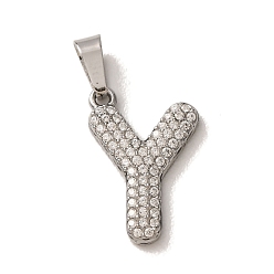 Letter Y 304 Stainless Steel Micro Pave Clear Cubic Zirconia Pendants, Letter Charms, Stainless Steel Color, Letter Y, 18x12x2.5mm, Hole: 6x2.5mm