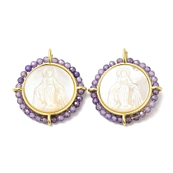 Средний Фиолетовый Покрытие стойки латунь микро паве кубический цирконий и подвески в виде ракушек, долговечный, без кадмия и без свинца, реальный 18 k позолоченный, Плоские круглые подвески с узором Девы Марии, средне фиолетовый, 24.5x22.5x3.6 мм, отверстие : 2.6x3 мм