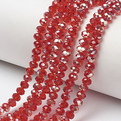 Red Electroplate Glass Beads Strands, Half Plated, Rainbow Plated, Faceted, Rondelle, Red, 4x3mm, Hole: 0.4mm, about 123~127pcs/strand, 16.5~16.9 inch(42~43cm)