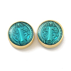Бирюза Стойки покрытие латунь эмаль бисер, без кадмия и без свинца, реальный 18 k позолоченный, плоский круглый со святым, бирюзовые, 12x7 мм, отверстие : 1.8 мм