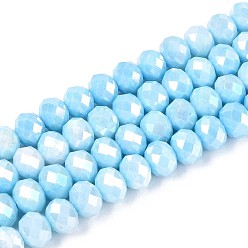 Светло-Голубой Антикоррозийные гальванические стеклянные бусины рондель, имитация драгоценных камней, с покрытием AB цвета, граненые, Небесно-голубой, 8x5.5~6 мм, отверстие : 1~1.2 мм, около 60~61 шт / нитка, 14.96~15.16'' (38~38.5 см)