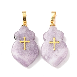 Лепидолит Подвески из натурального лепидолита, Тыквообразной формы с латунными защелкивающимися креплениями и 304 крестообразными кабошонами из нержавеющей стали., золотые, 30.5~31.5x17~17.5x4.5~7 мм, отверстие : 7.5x4 мм