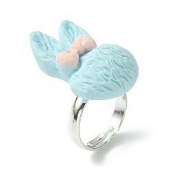Pale Turquoise Bunny Resin Finger Ring, Silver Brass Adjustable Ring, Pale Turquoise, Inner Diameter: 14.5mm