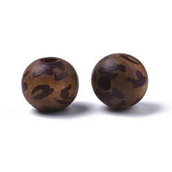 Coconut Brown Printed Natural Wood Beads, Dyed, Round with Leopard Print Pattern, Coconut Brown, 12mm, Hole: 3mm