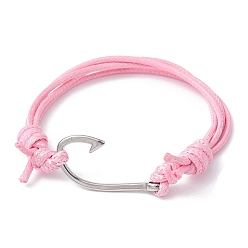 Pink Fish Hook Shape 304 Stainless Steel Link Braclet, Waxed Polyester Cord Adjustable Bracelets, Pink, Inner Diameter: 2-1/4~3-7/8 inch(5.7~9.8cm)