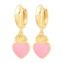 Pink Латунные серьги-кольца ко Дню святого Валентина, с эмалью, святое сердце, без кадмия и без свинца, долговечный, стойки покрытие, реальный 18 k позолоченный, розовые, 33x11 мм