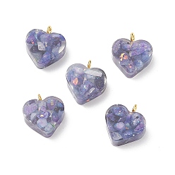 Фиолетовый Подвески из прозрачной смолы, окрашенные натуральным кальцитом, с золотыми тонами латунных петель, шарма сердца, фиолетовые, 16.5x15.5x6~6.5 мм, отверстие : 2 мм