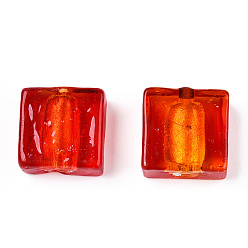 Red Handmade Silver Foil Lampwork Beads, Square, Red, 12x12x6mm