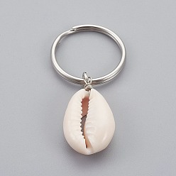 Stainless Steel Color Cowrie Shell Keychain, with 316 Surgical Stainless Steel Keychain Clasps, Bisque, Stainless Steel Color, 55mm