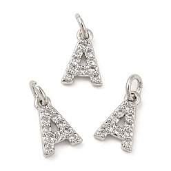 Real Platinum Plated Brass Micro Pave Grade AAA Cubic Zirconia Charms, Letter A, Cadmium Free & Nickel Free & Lead Free, Real Platinum Plated, 8.5x6x1.5mm, Hole: 2mm